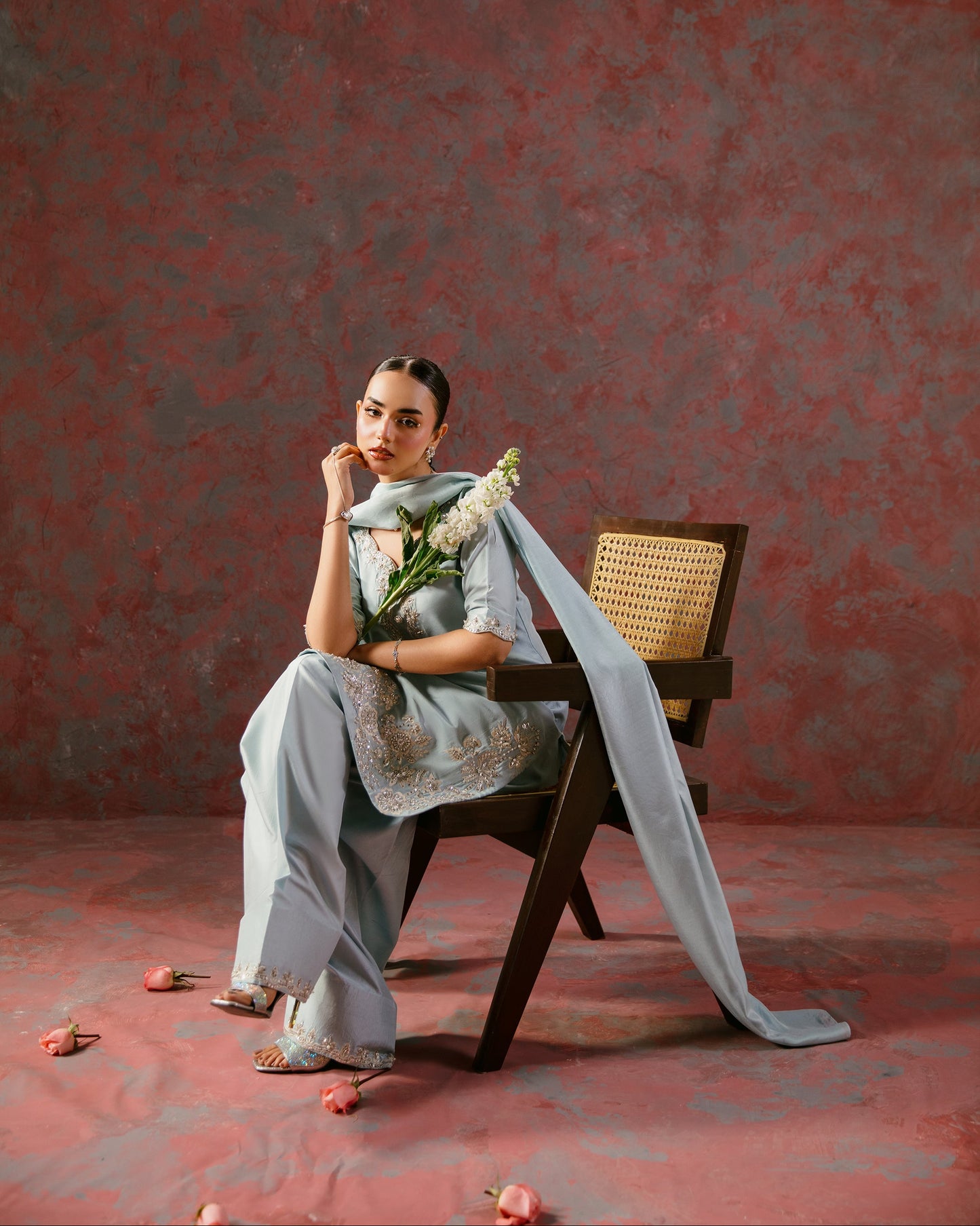 Sky Blue embroidered formal dress front view