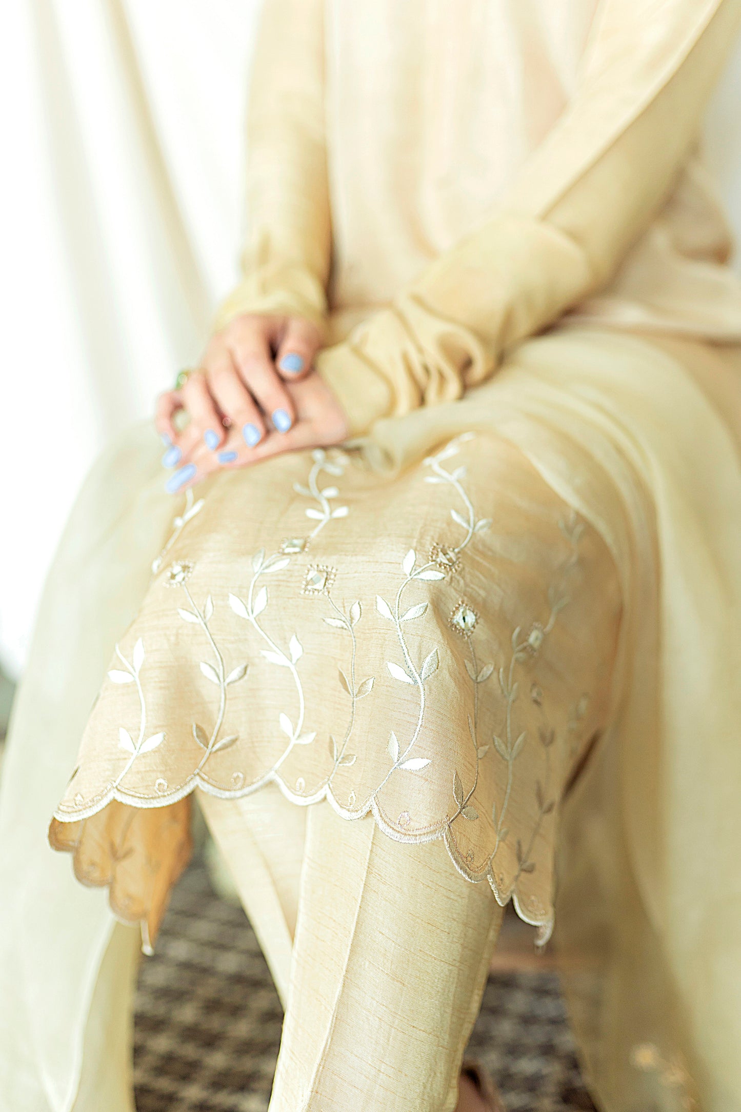 Bisque ivory semi formal embroidery organza raw silk 3 piece stitched (6)