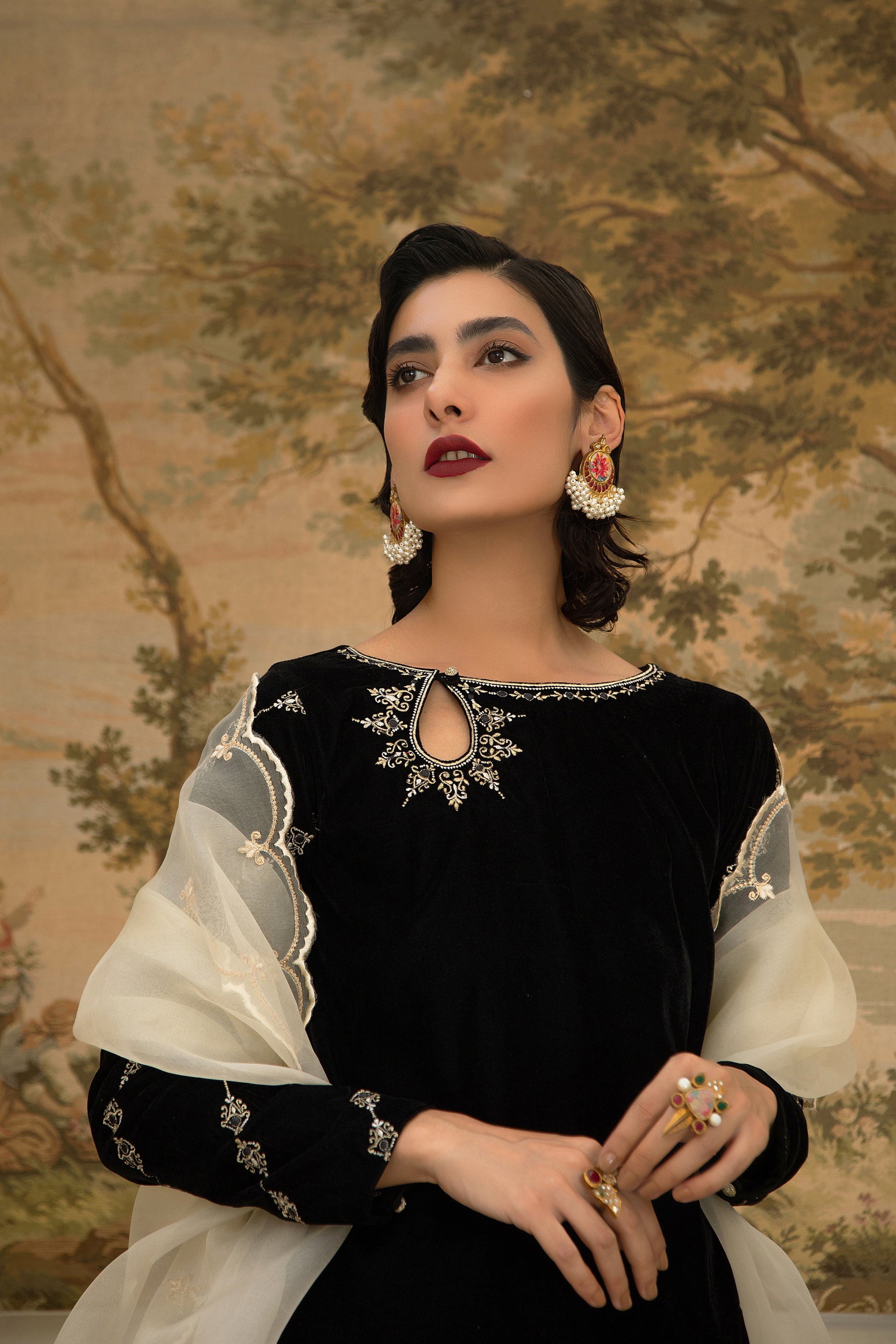 black , velvet, formal , wedding outfit, embroidered. Gazelle by Roma Abbas