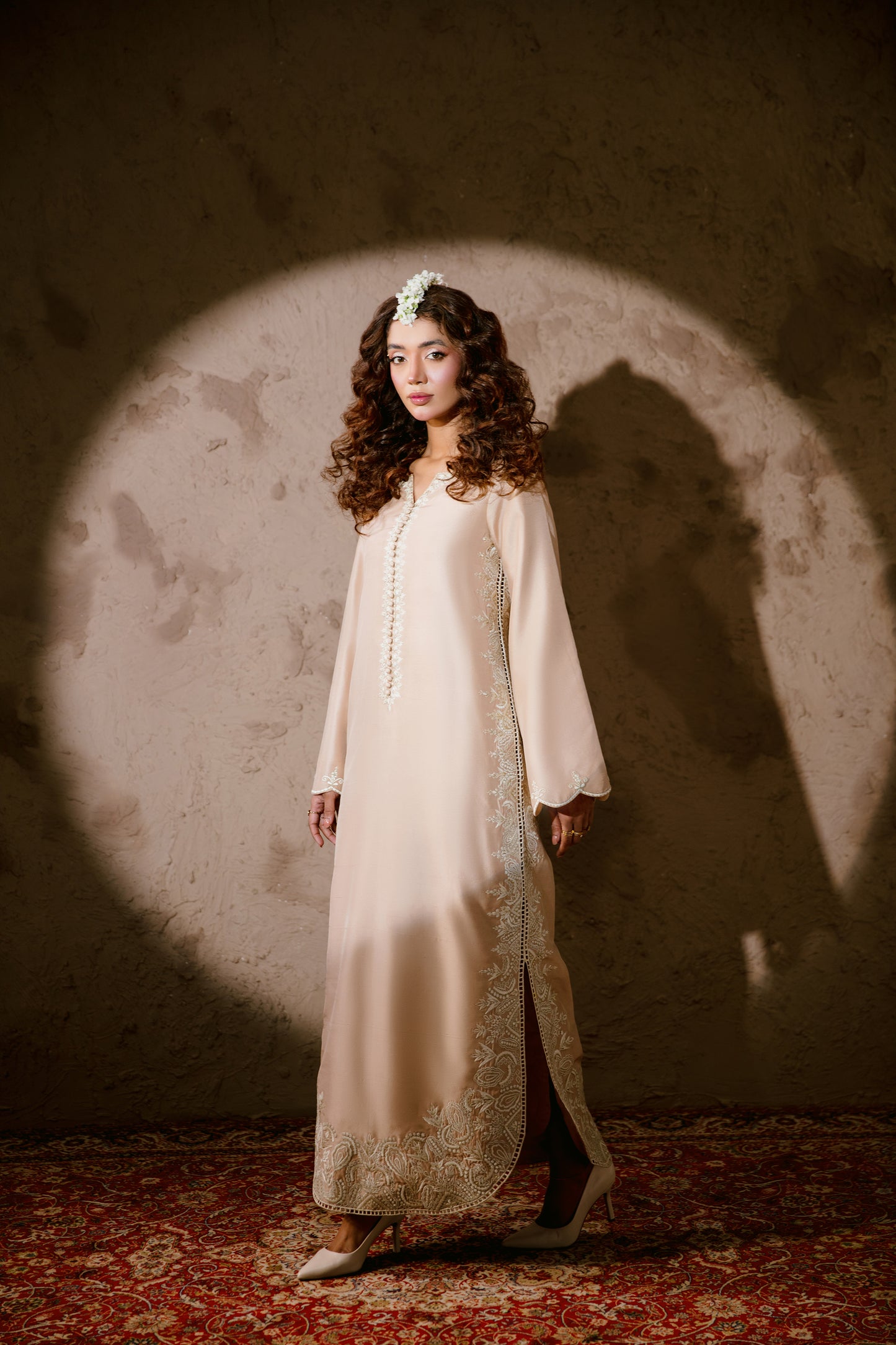 Chaaye Pink embroidered formal dress front view
