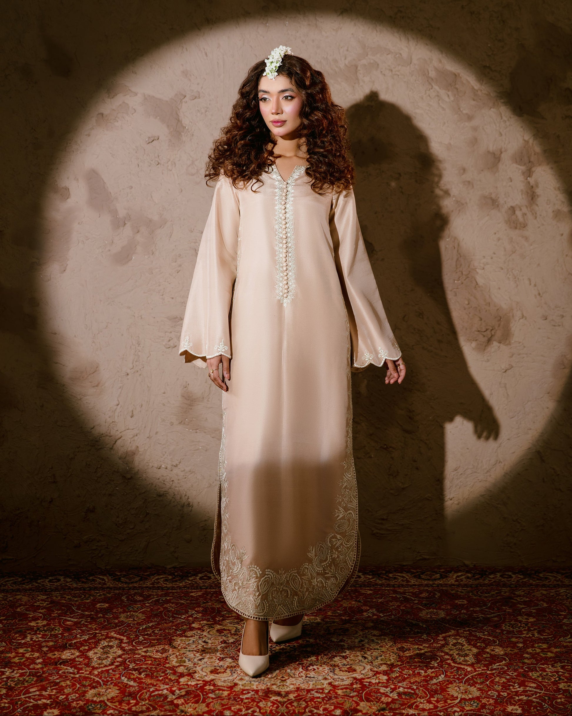 Chaaye Pink embroidered formal dress front view
