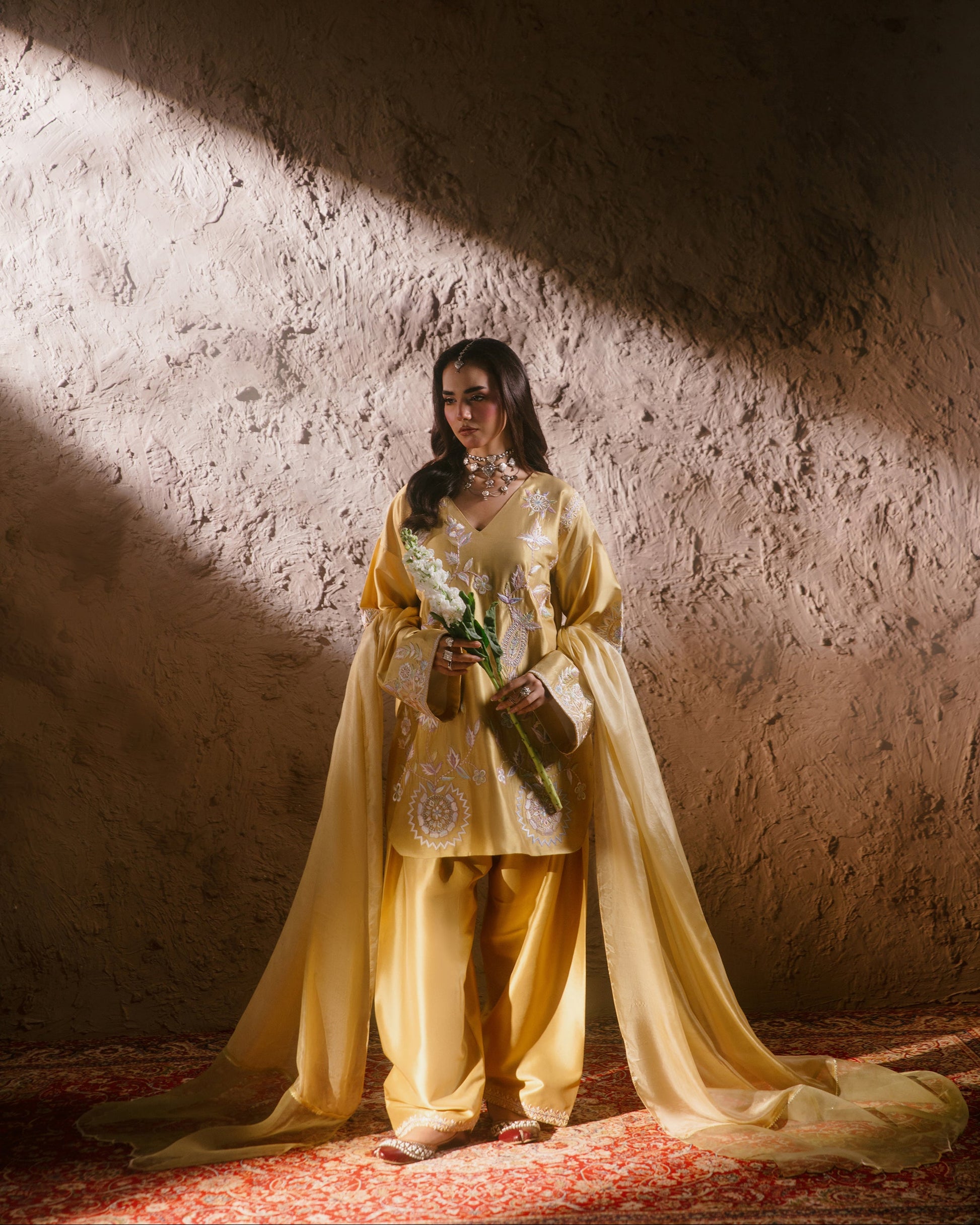Yellow embroidered formal dress front view