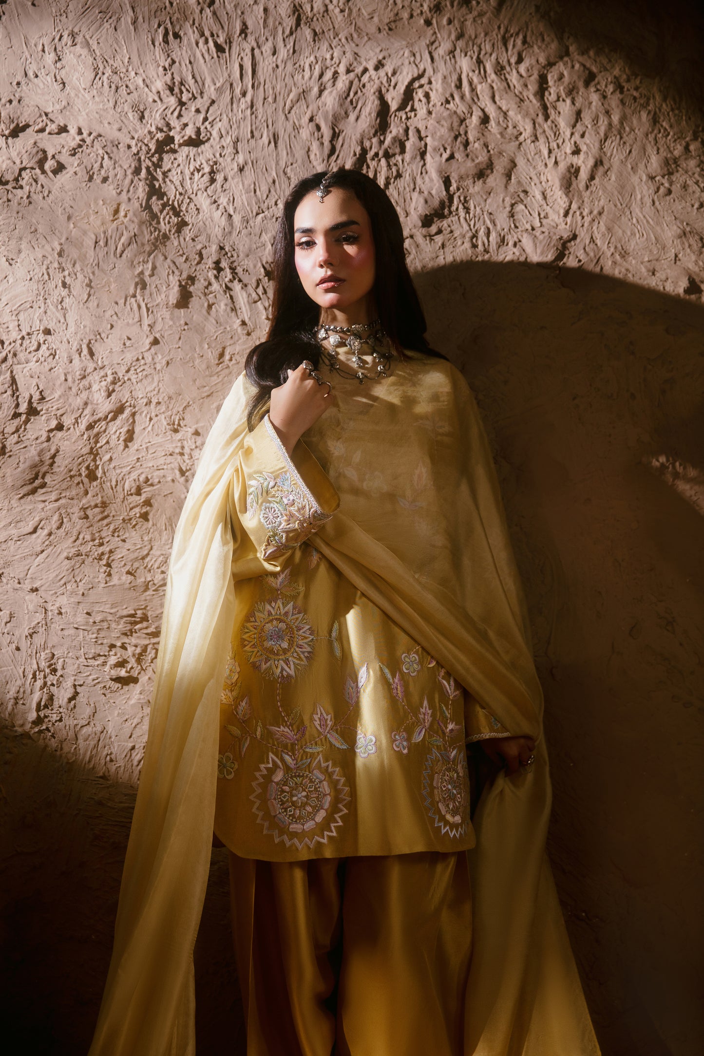 Yellow embroidered formal dress front view