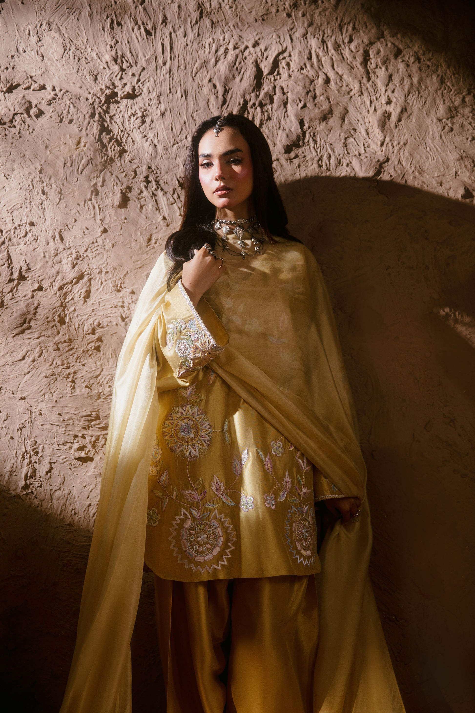 Yellow embroidered formal dress front view