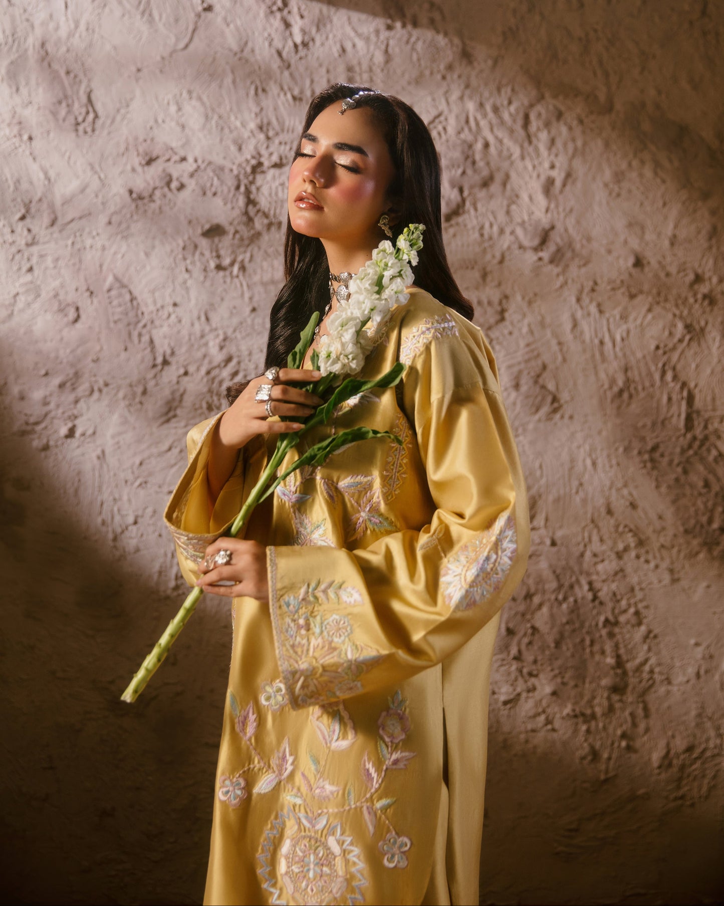Yellow embroidered formal dress front view