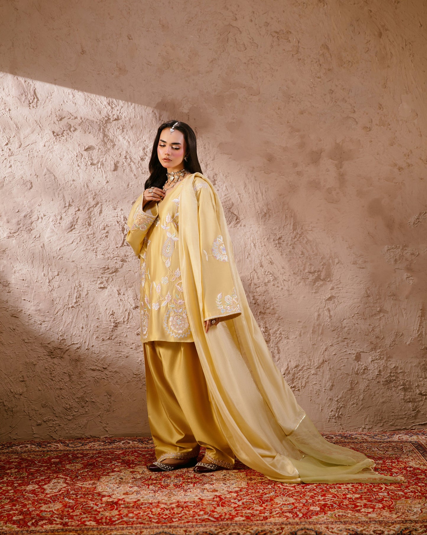 Yellow embroidered formal dress front view