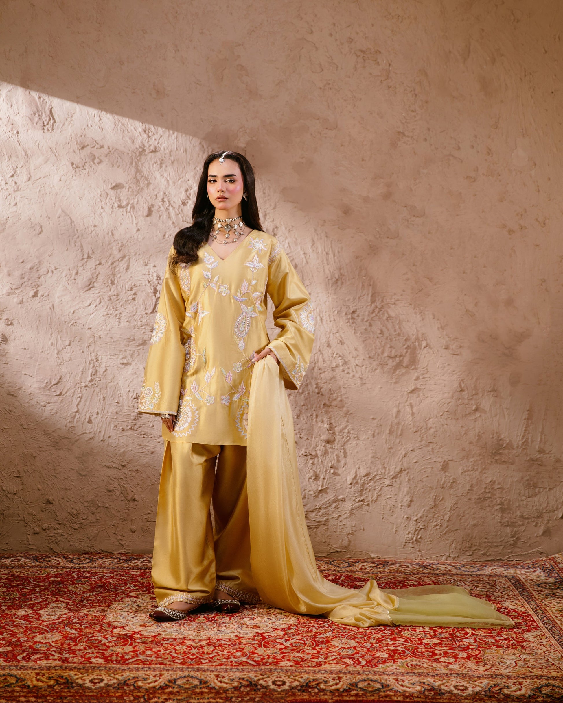 Yellow embroidered formal dress front view