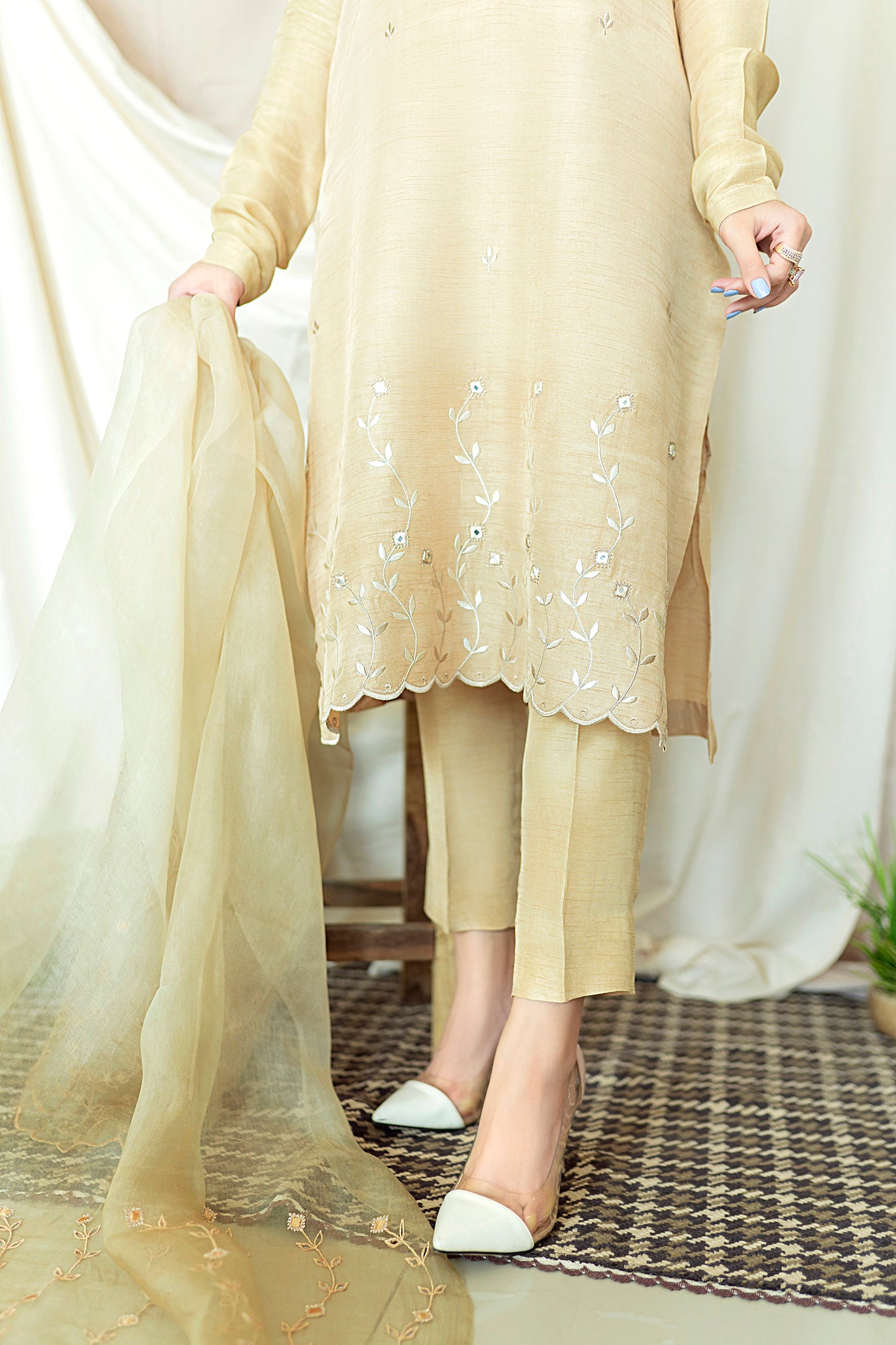 Bisque ivory semi formal embroidery organza raw silk 3 piece stitched  (5)