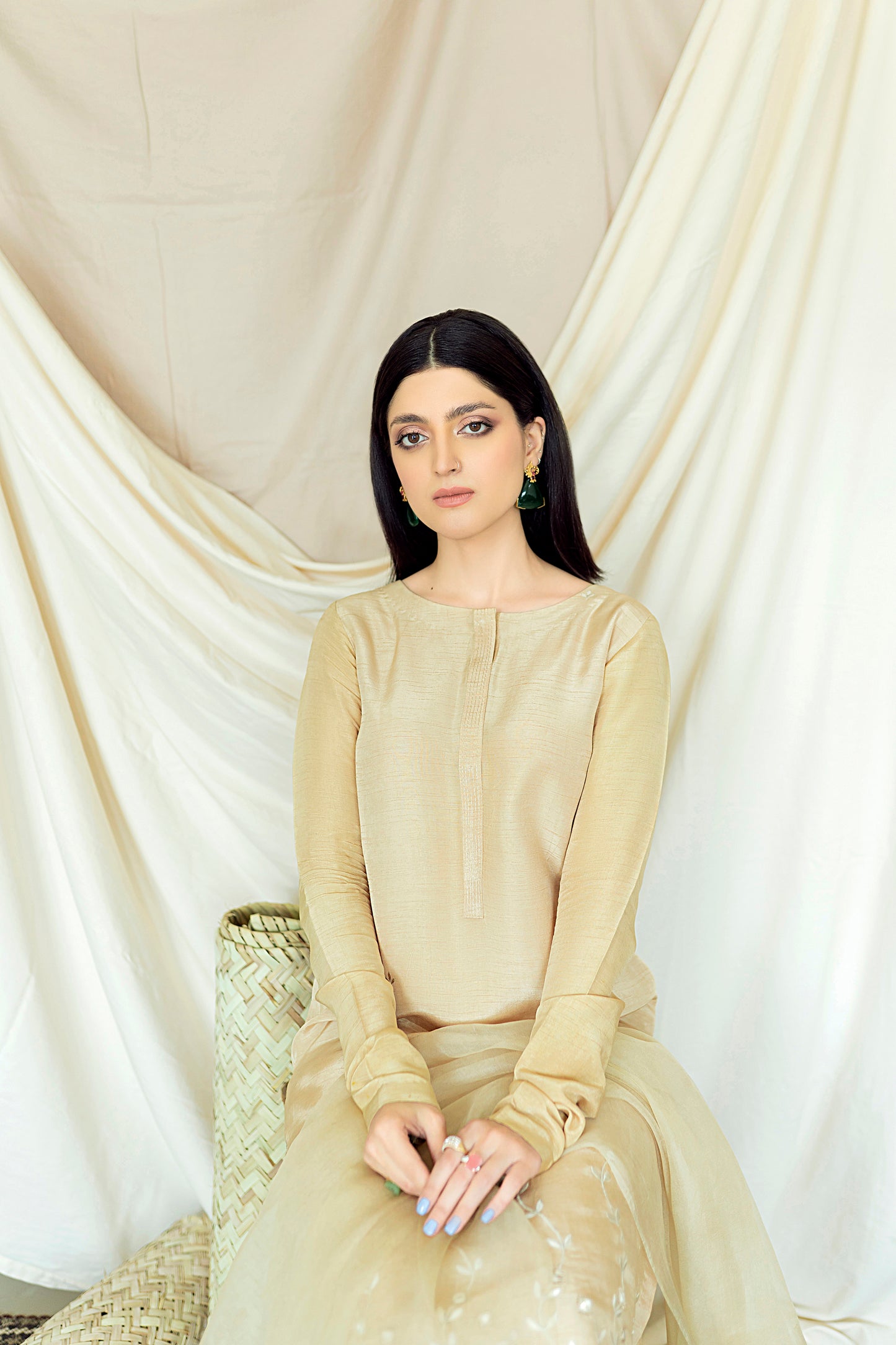 Bisque ivory semi formal embroidery organza raw silk 3 piece stitched  (2)
