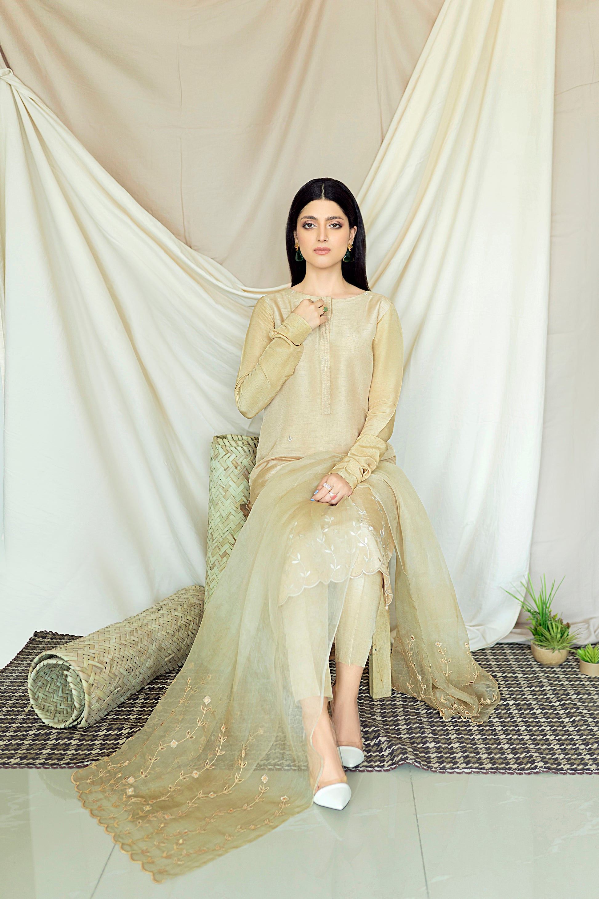 Bisque ivory semi formal embroidery organza raw silk 3 piece stitched 