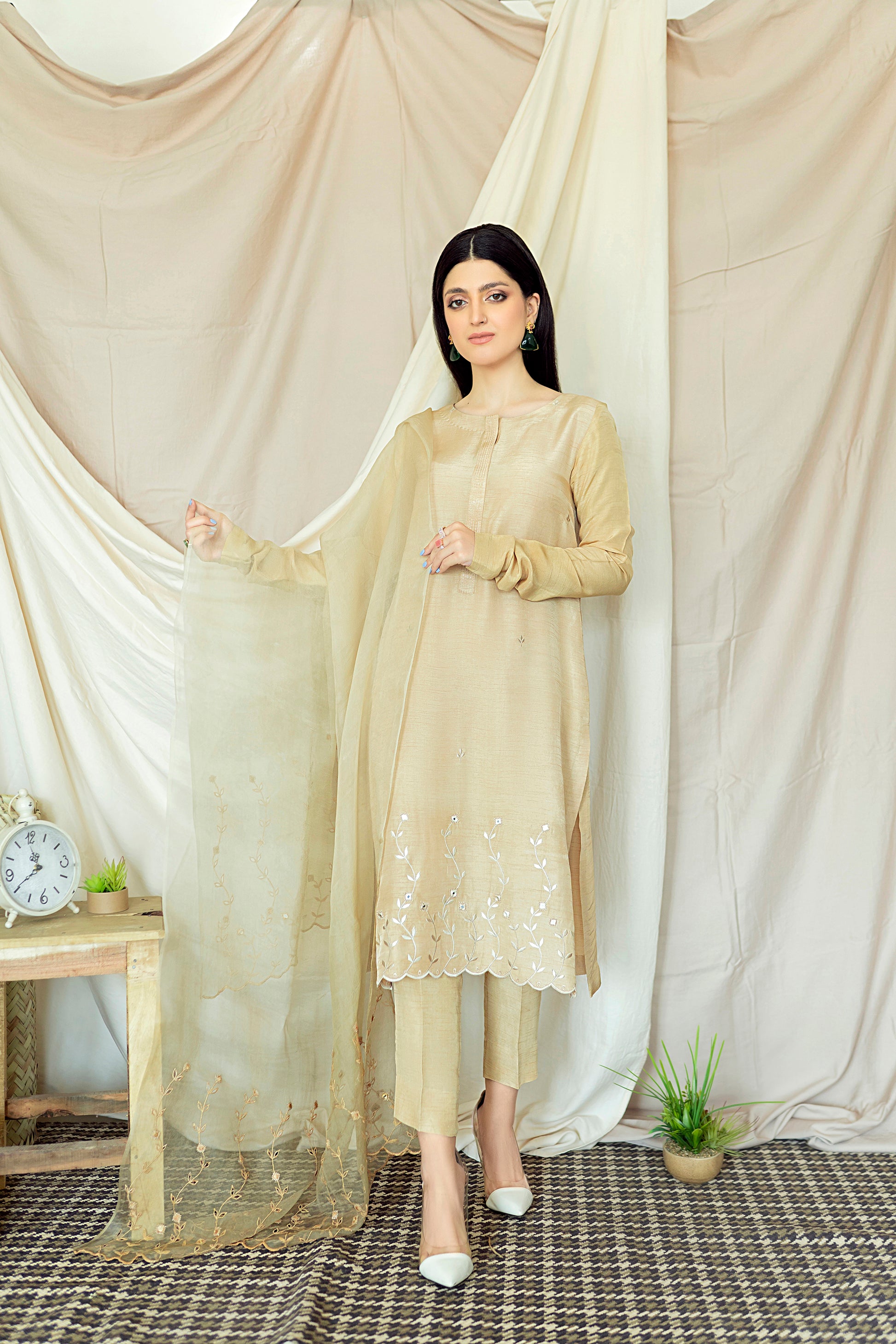 Bisque ivory semi formal embroidery organza raw silk 3 piece stitched  (3)