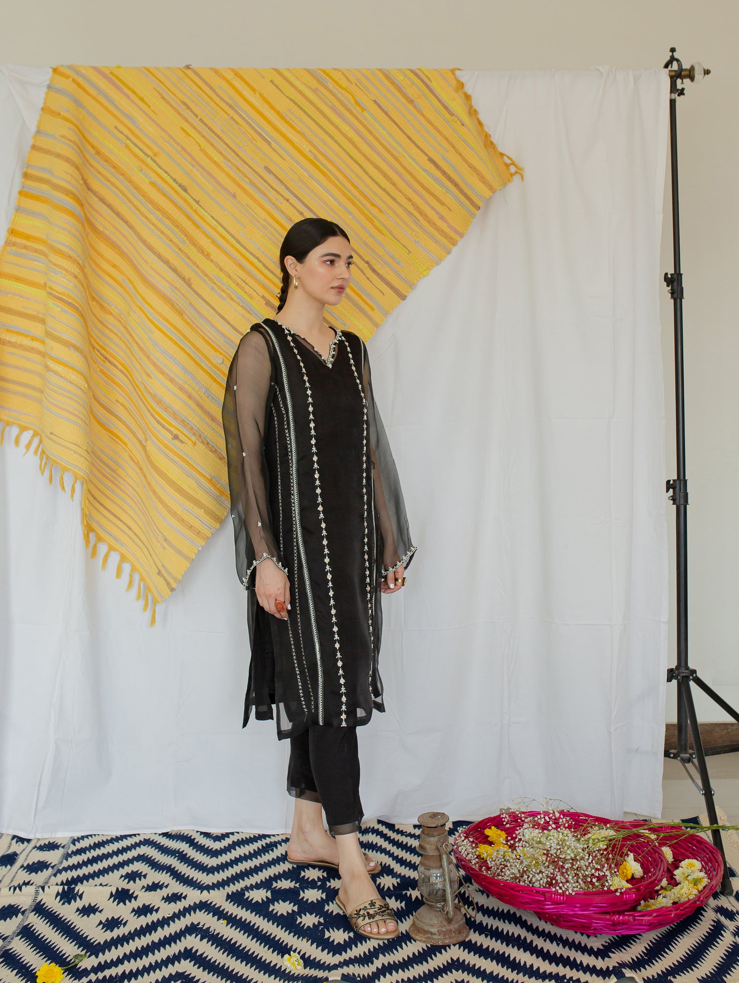Black Majesty organza raw silk embroidered  4 piece stitched white dupatta  (5)