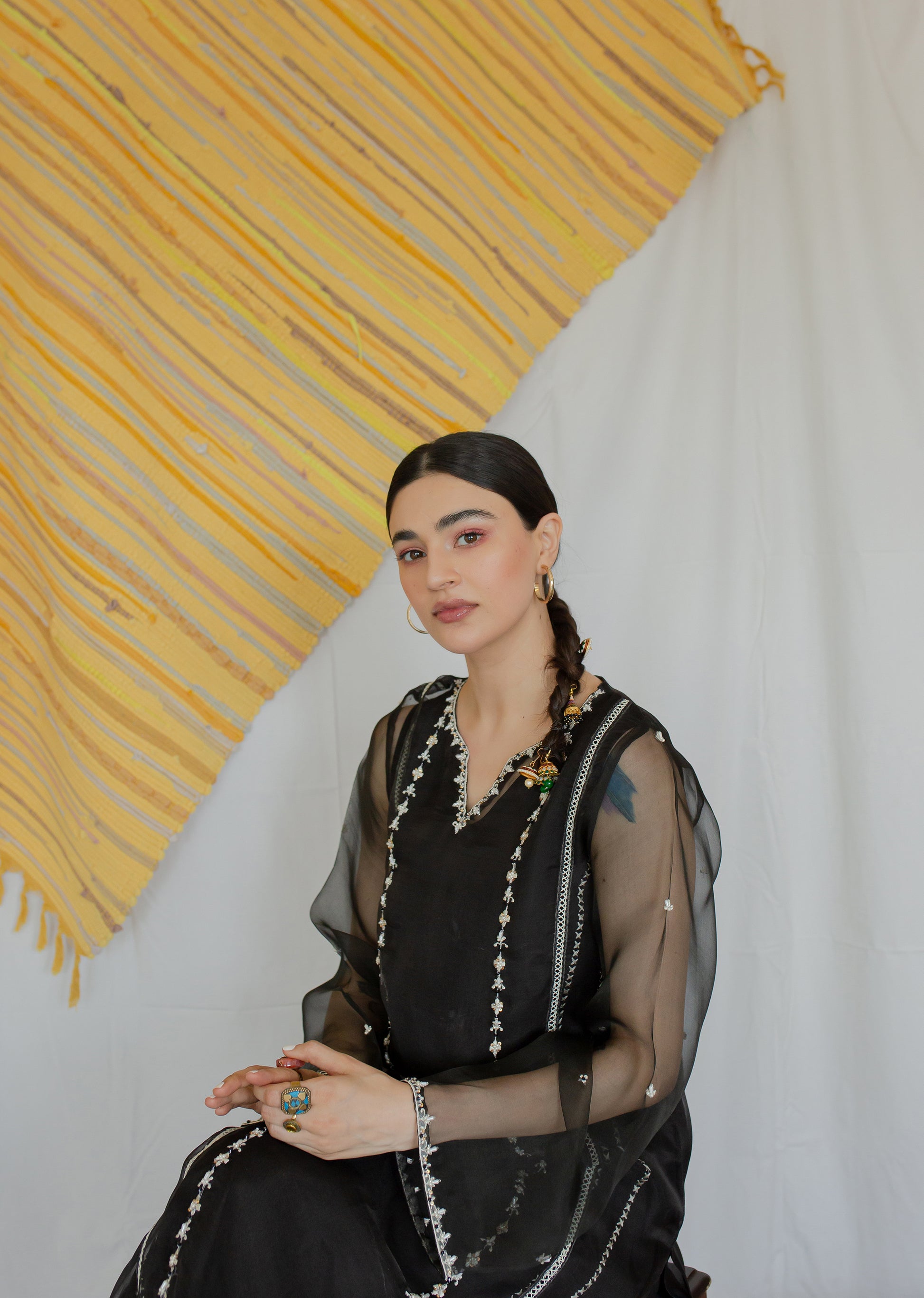 Black Majesty organza raw silk embroidered  4 piece stitched white dupatta  (4)