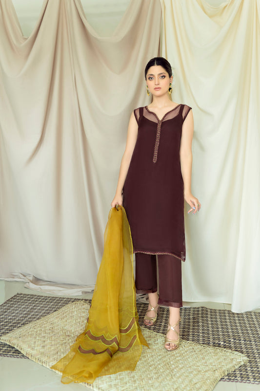 Dark Orchid Chocolate brown organza raw silk mustrud  4 piece Stitched 