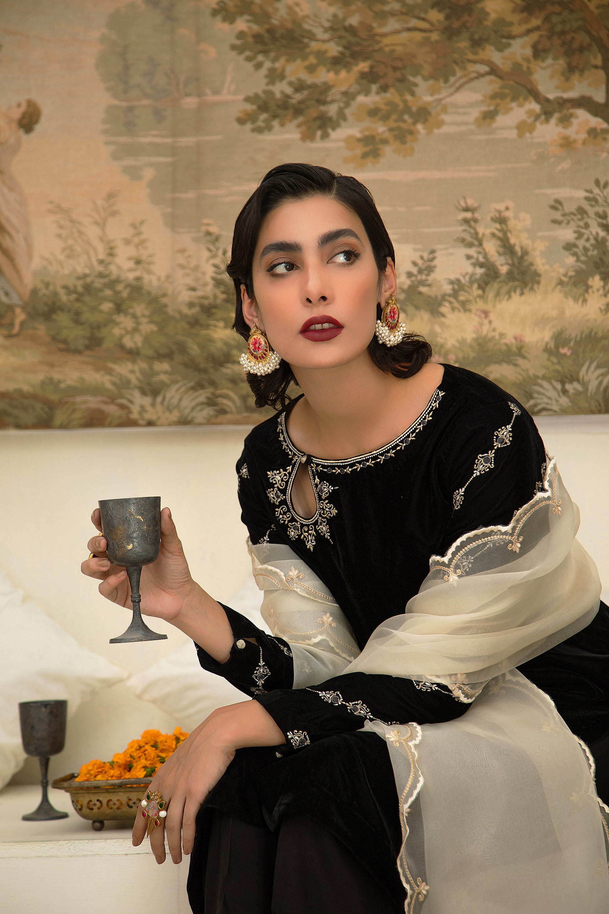 black , velvet, formal , wedding outfit, embroidered. Gazelle by Roma Abbas 