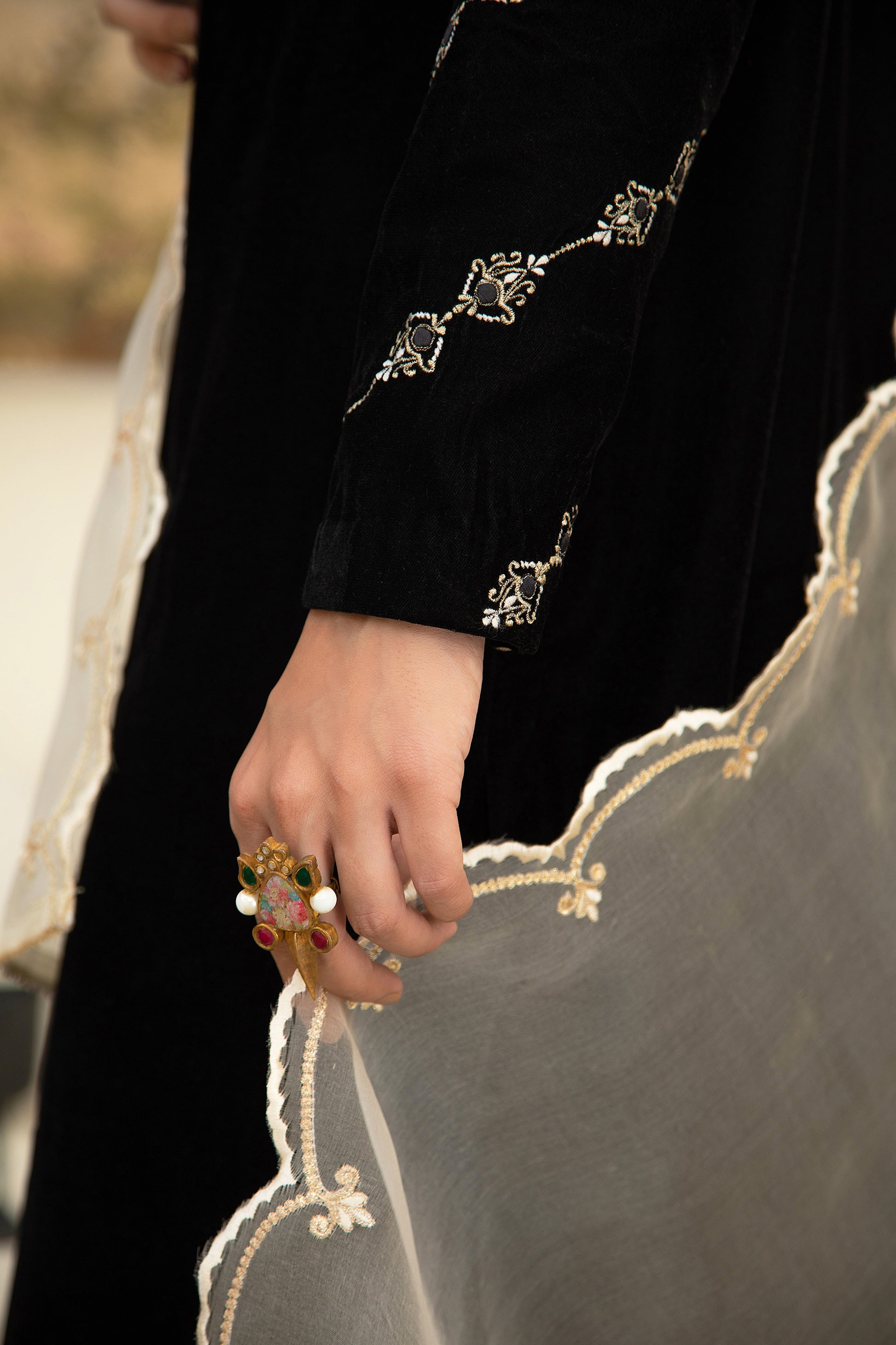 black , velvet, formal , wedding outfit, embroidered. Gazelle by Roma Abbas 